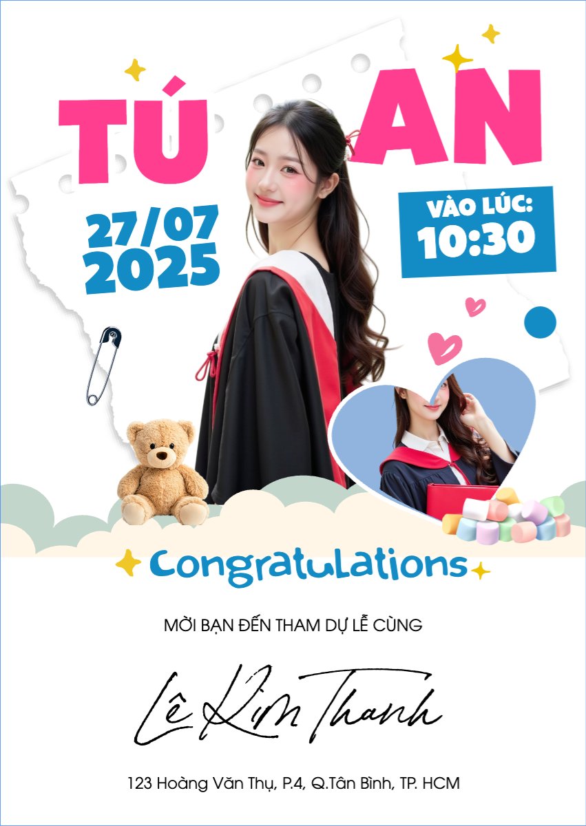 Mẫu Thư mời Tốt nghiệp, kỉ yếu, Graduation, yearbook, dễ thương, cute, chibi, hoạt hình, cartoon — LayerPic