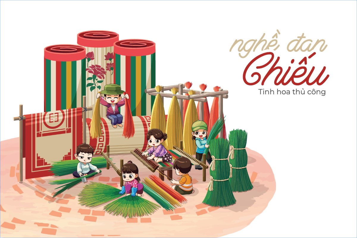 Mẫu Postcard Việt Nam, làng nghề, đan chiếu, làm chiếu, truyền thống, traditional, đơn giản, mat making profession — LayerPic