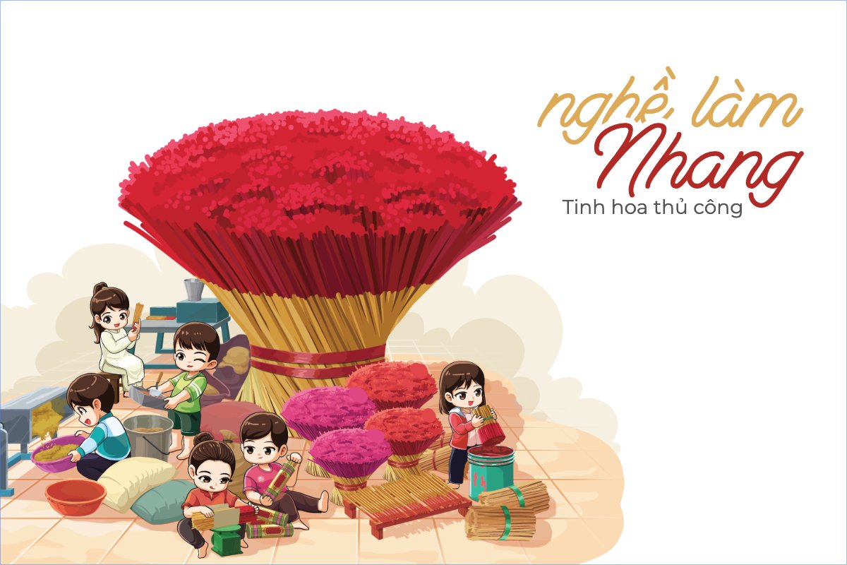 Mẫu Postcard Việt Nam, làng nghề, làm nhang, truyền thống, traditional, đơn giản, incense making profession — LayerPic