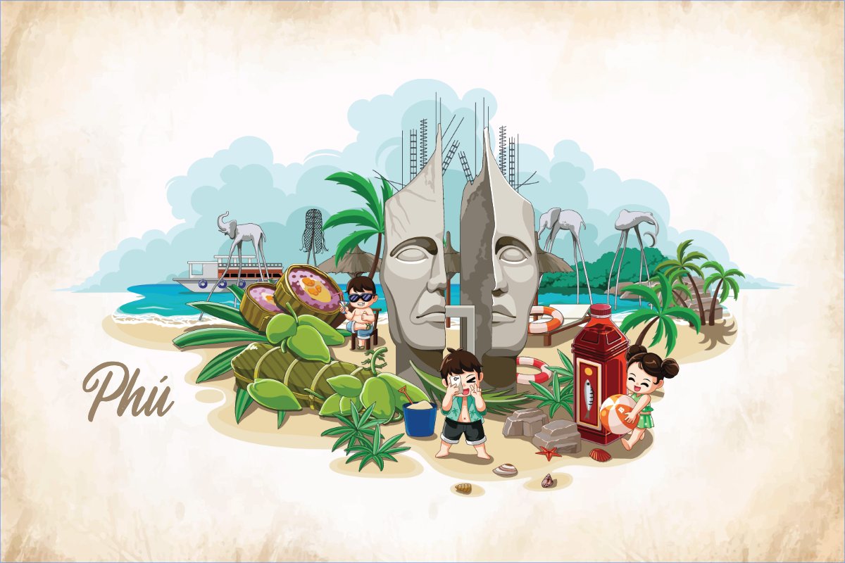 Mẫu Postcard Phú Quốc, biển, sea, dễ thương, cute, chibi, hoạt hình, cartoon, cổ điển — LayerPic
