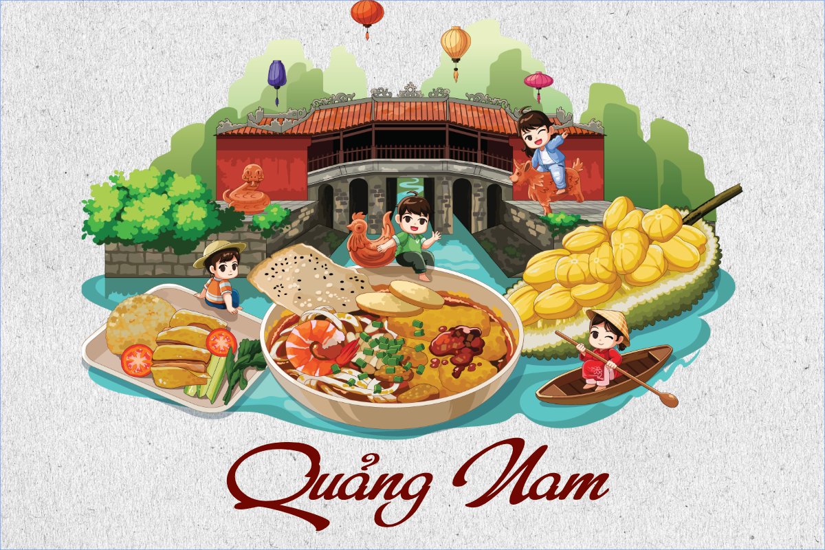 Mẫu Postcard Quảng Nam, dễ thương, cute, chibi, hoạt hình, cartoon, du lịch — LayerPic