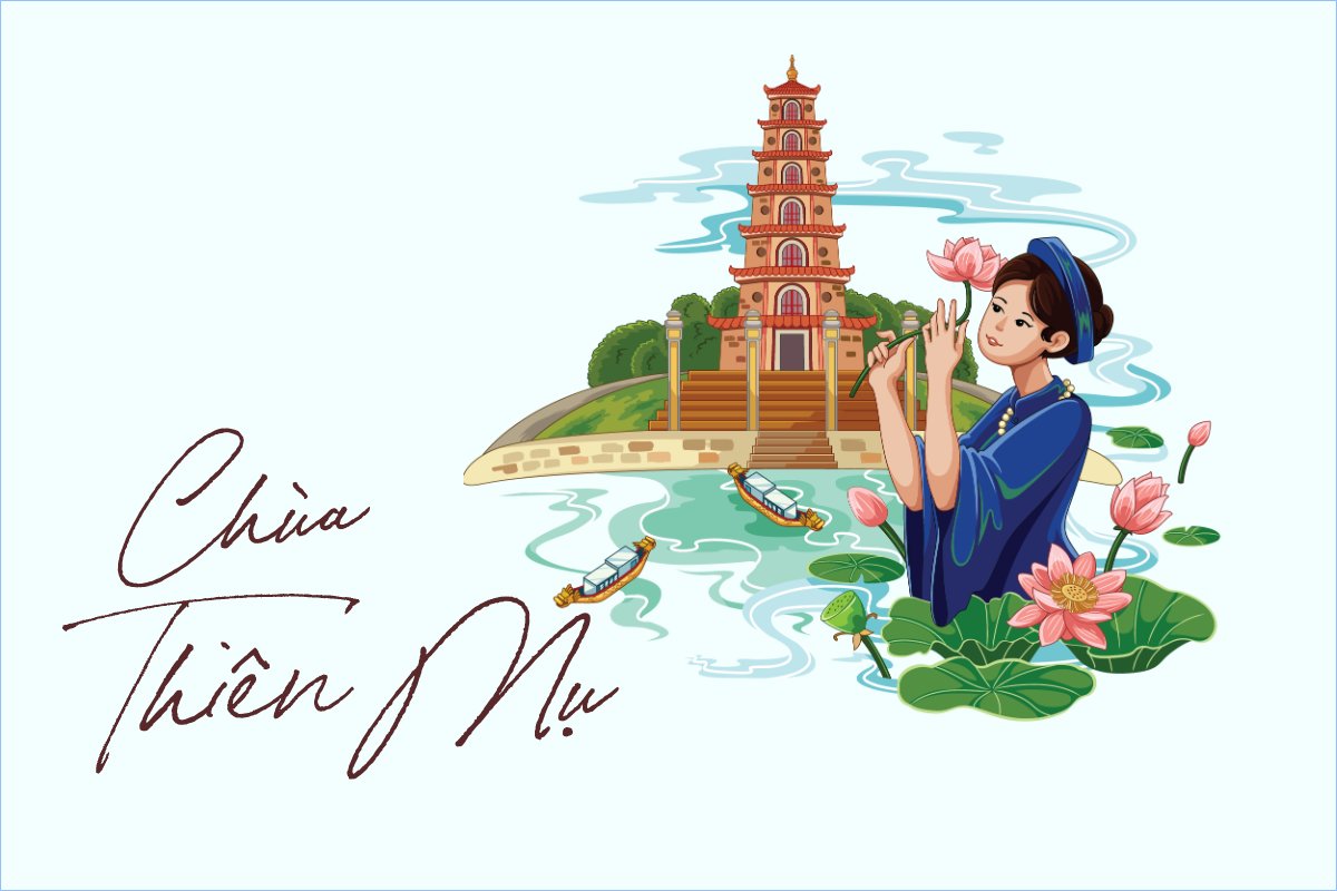 Mẫu Postcard Chùa Thiên Mụ, pagoda, hoa lá, thiên nhiên, floral — LayerPic