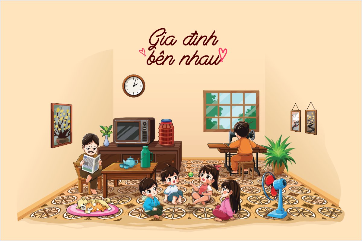 Mẫu Postcard Gia đình, family, nhà, dễ thương, cute, chibi, hoạt hình, cartoon — LayerPic