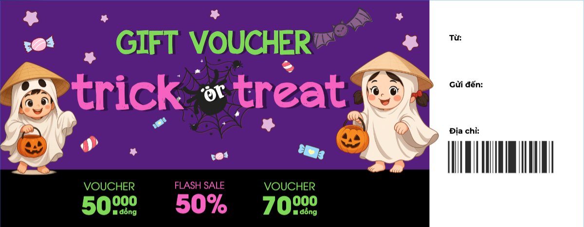 Mẫu Gift Voucher Halloween, lễ hội ma quái, sự kiện, event, dễ thương, cute, chibi, hoạt hình, cartoon — LayerPic