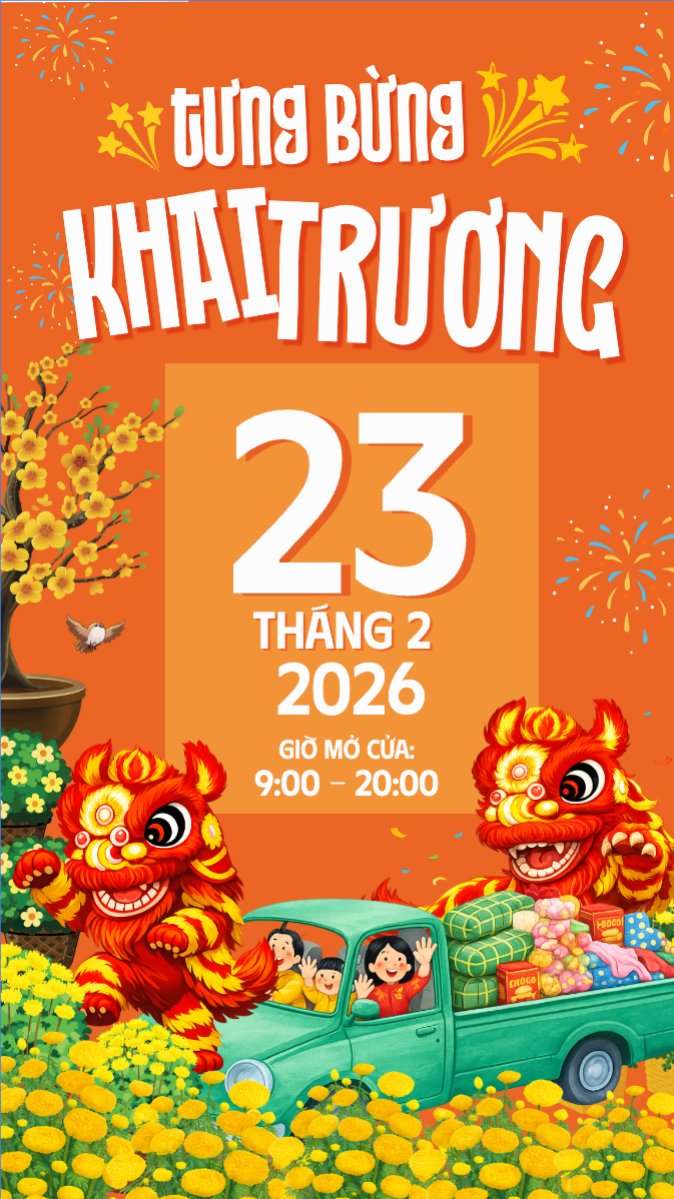 Mẫu Bài post MXH (9:16) Tưng bừng khai trương — LayerPic