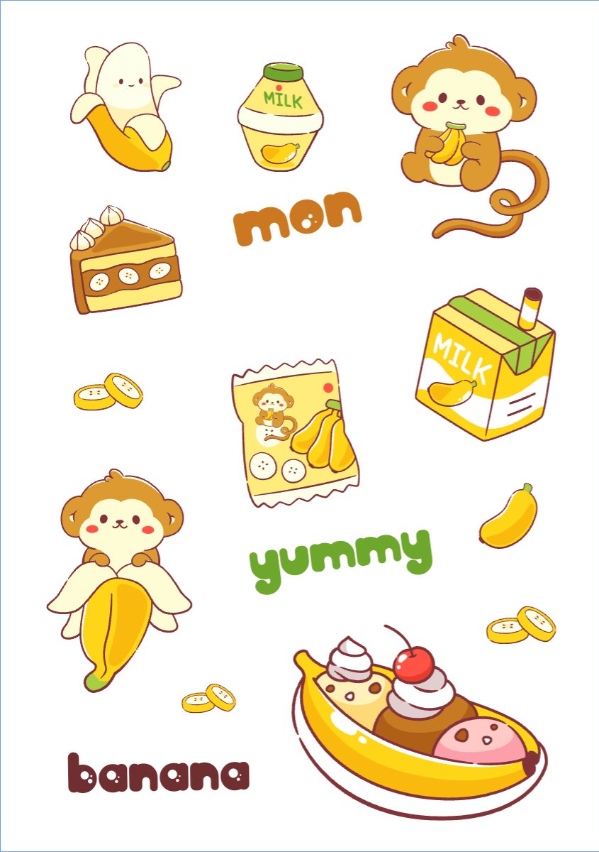 Mẫu Nhãn Sticker Đồ ăn, food, thực phẩm, ẩm thực, chuối, banana, khỉ, monkey — LayerPic